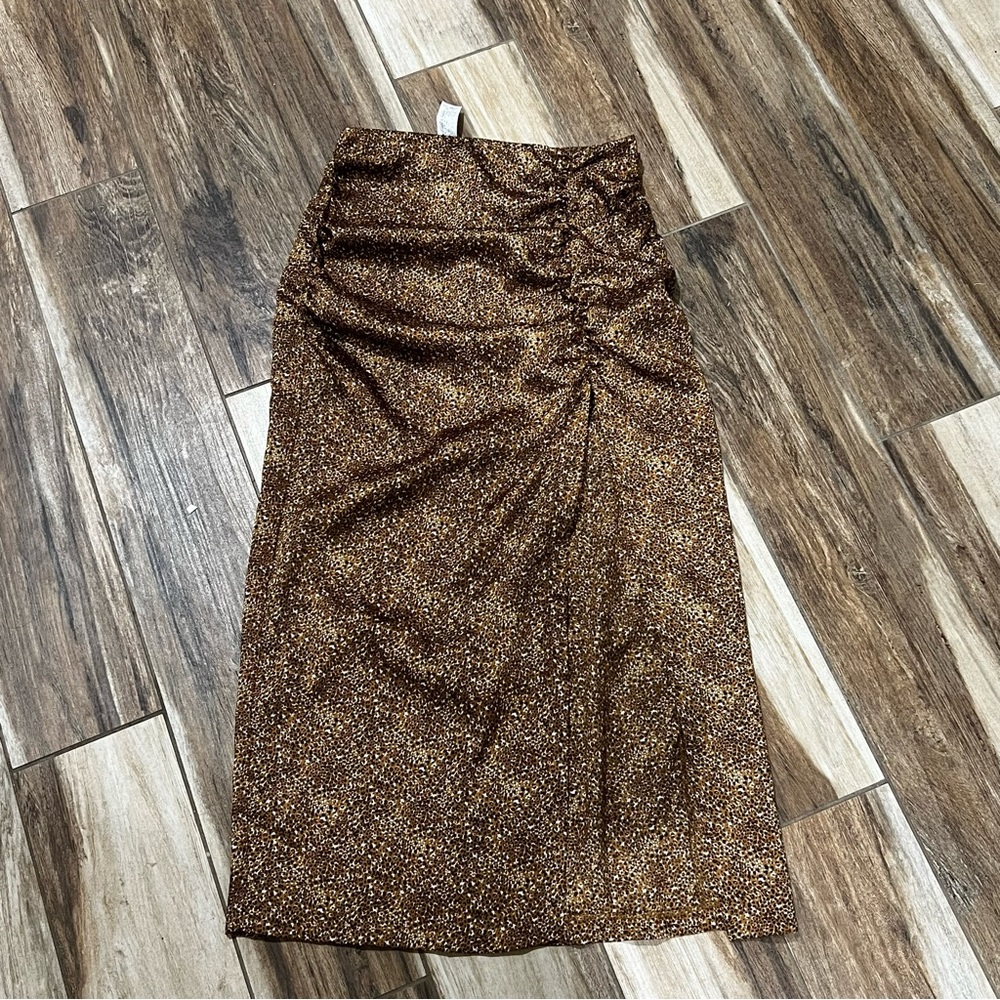 Zara printed brown high waisted high slit midi skirt